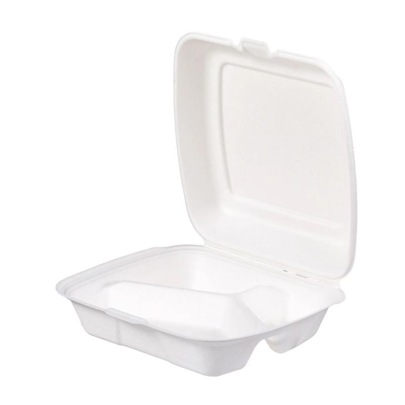 Σκεύος Φαγητού 3 Θέσεων Λευκό 23x23 εκ. Από Ζαχαροκάλαμο 100 τμχ.